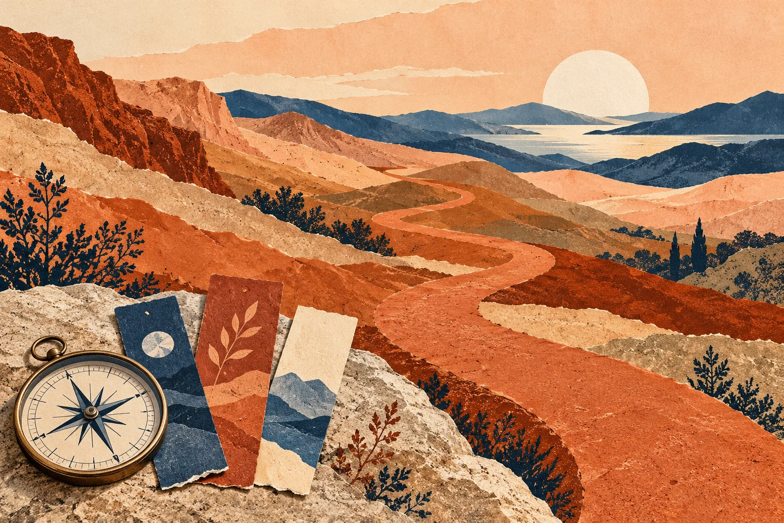 Ilustración de un camino entre colinas de papel, con una brújula y marcadores de lectura.
